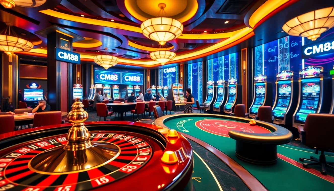 Engage in thrilling gameplay at CM88's luxurious casino with poker chips and cards.
