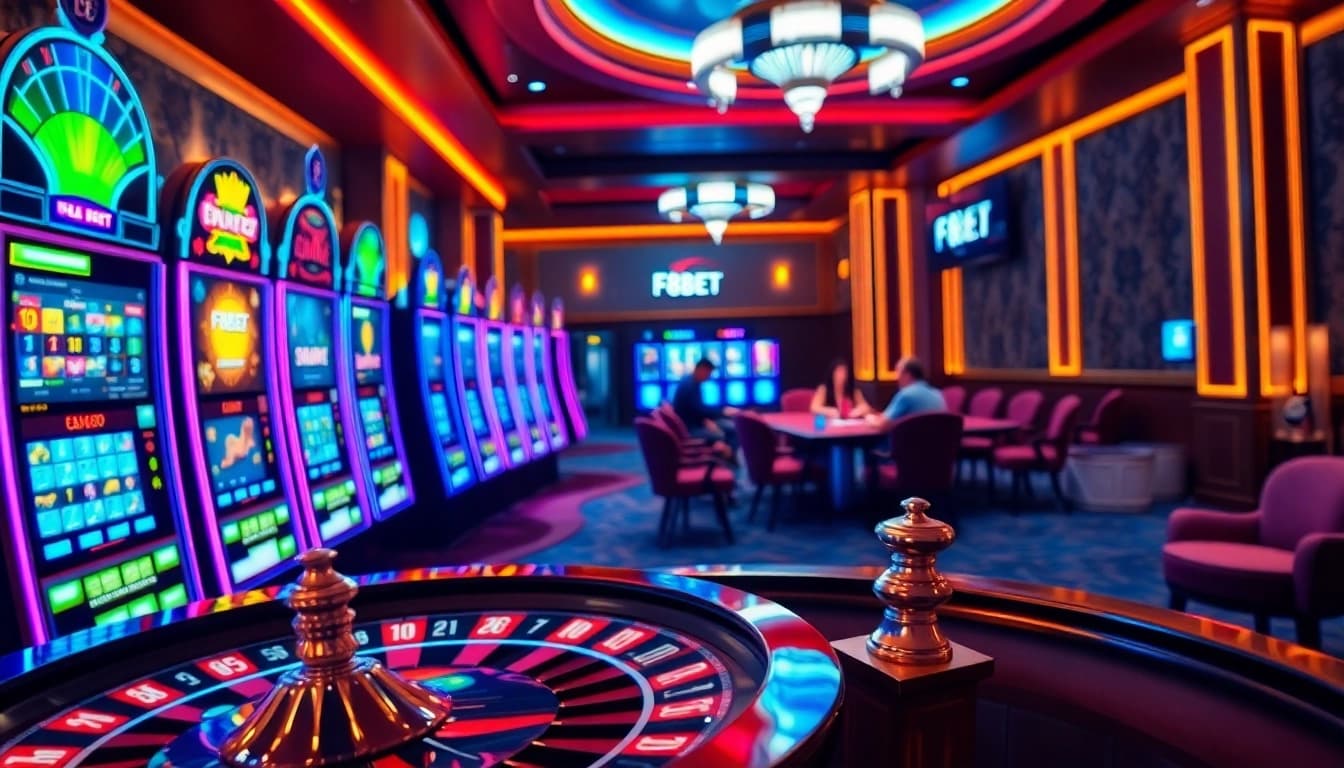 Experience the excitement of F8BET at a vibrant casino featuring slot machines and a poker table.