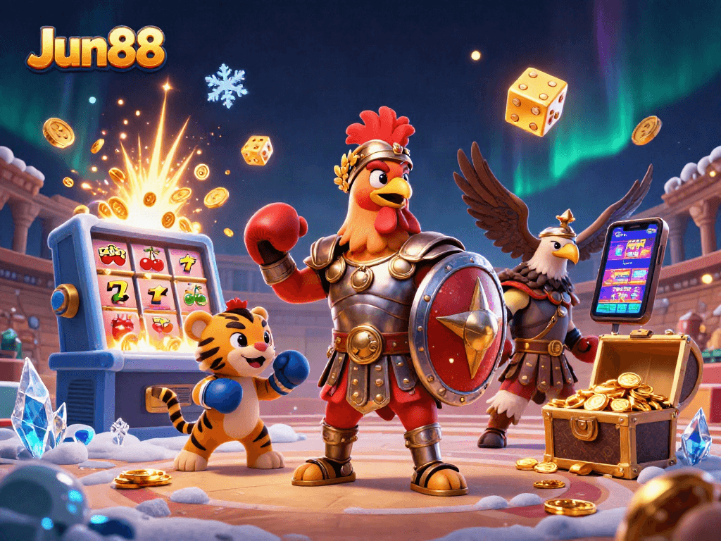 Experience a thrilling Jun88 casino adventure with vibrant 3D characters and dynamic gaming elements.