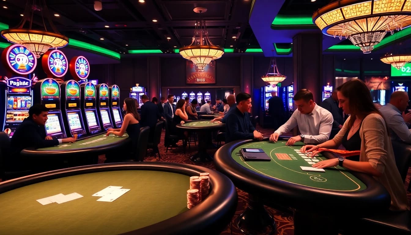 A high-stakes gaming table scene at b52, showcasing poker chips and players engaged in excitement.