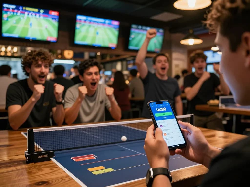 Bet on exciting matches using uu88 betting app amidst cheering fans in a lively sports bar