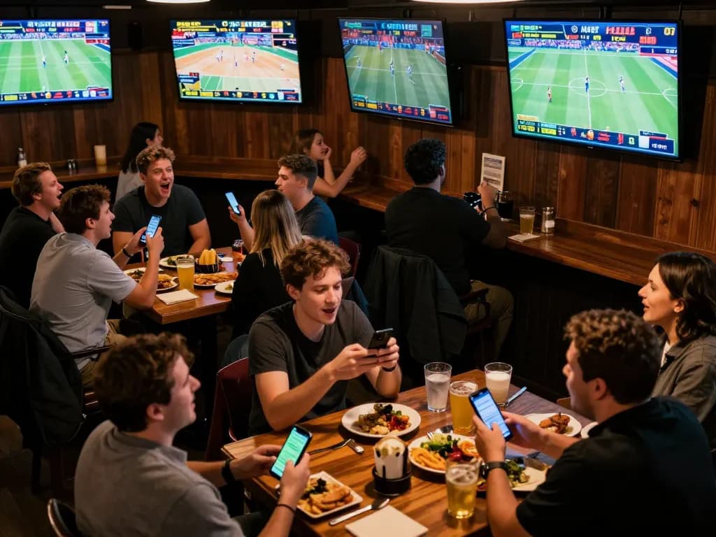 Cakhiatv users engaging with live sports betting apps in a vibrant sports bar atmosphere.