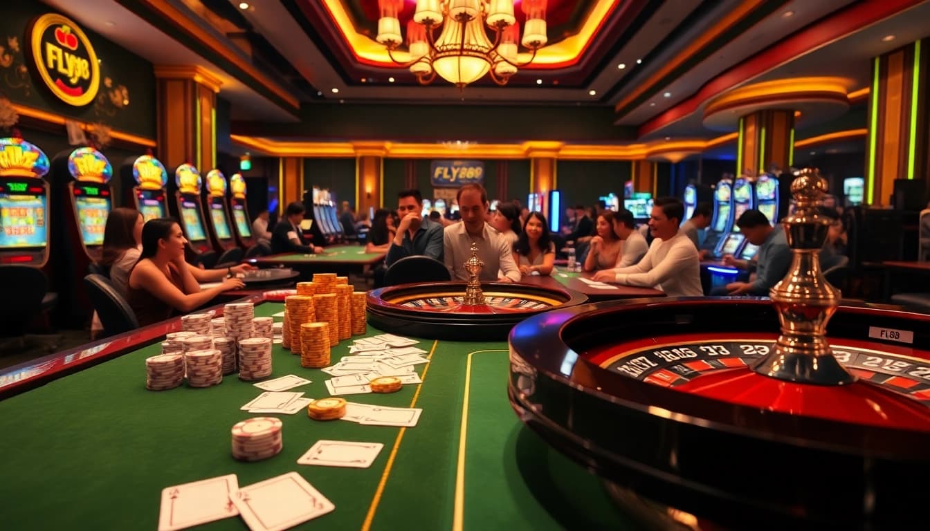 FLY88 offers an exciting casino experience with players at poker tables enjoying the thrill of gambling.