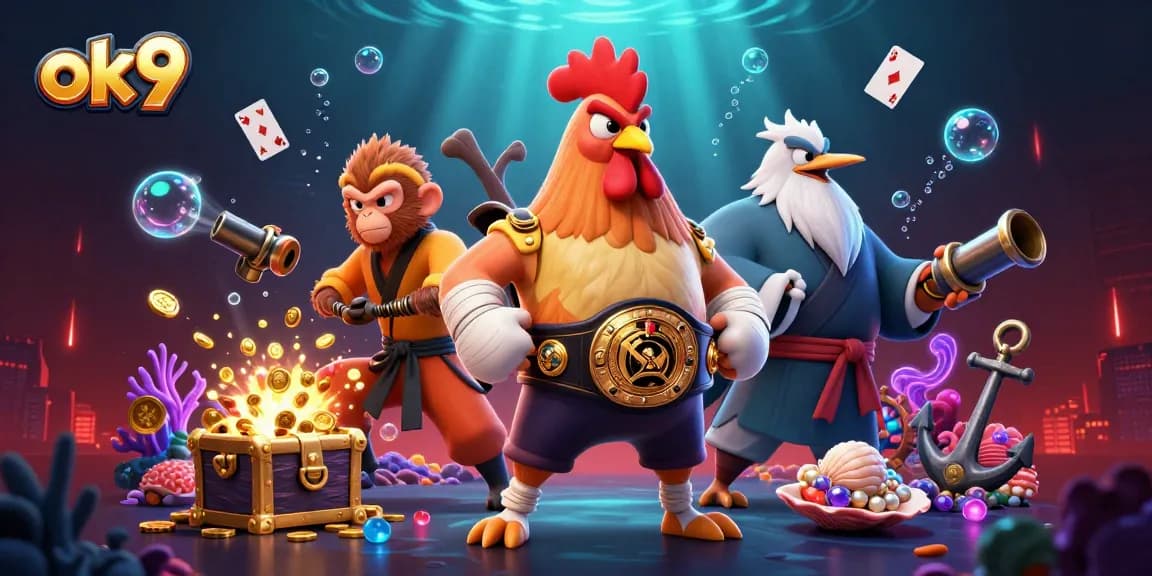 Experience thrilling action at ok9 with a dynamic, colorful scene showcasing unique gambling elements and characters.
