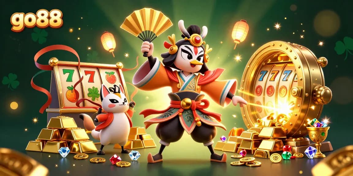 Engage with go88's vibrant gaming world featuring a kabuki warrior, symbols, and treasures.