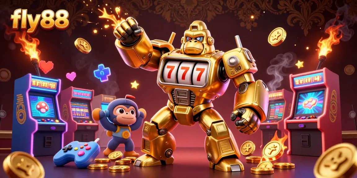 Experience thrilling gameplay with fly88's golden gorilla mech surrounded by gaming elements.