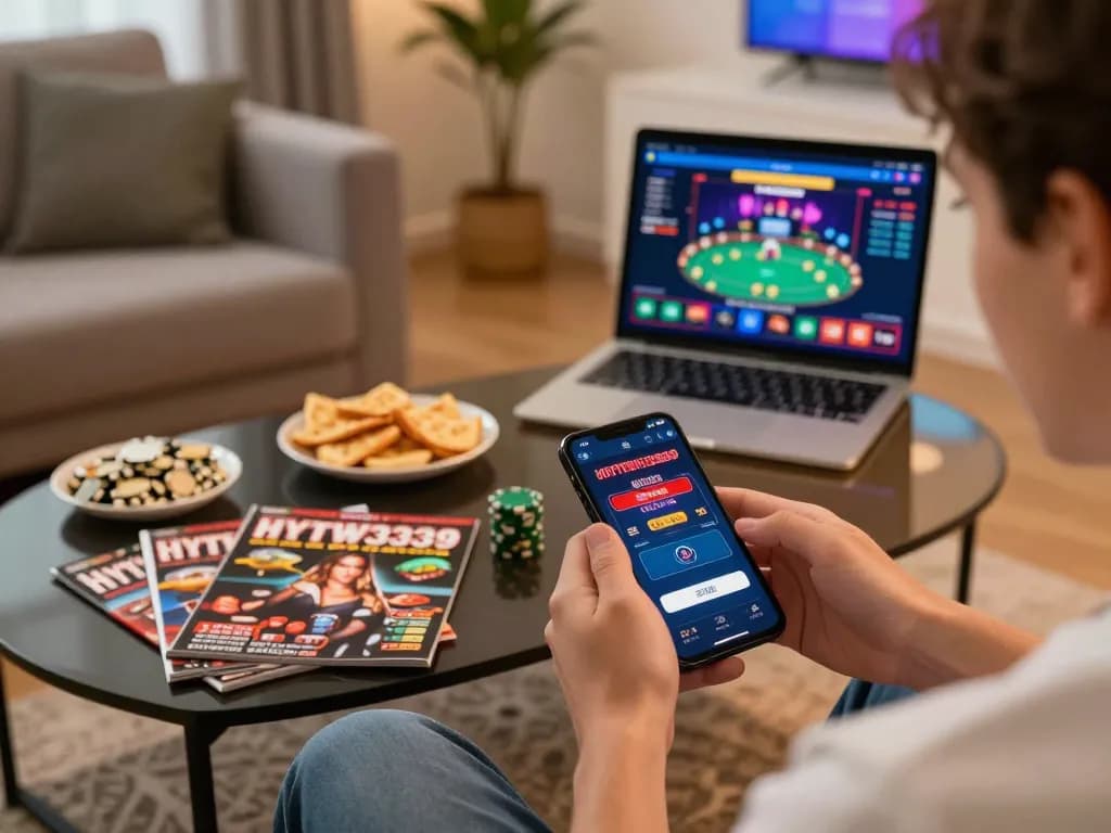 Player engaging with the HYTW3339 casino app on their smartphone in a cozy home gaming environment