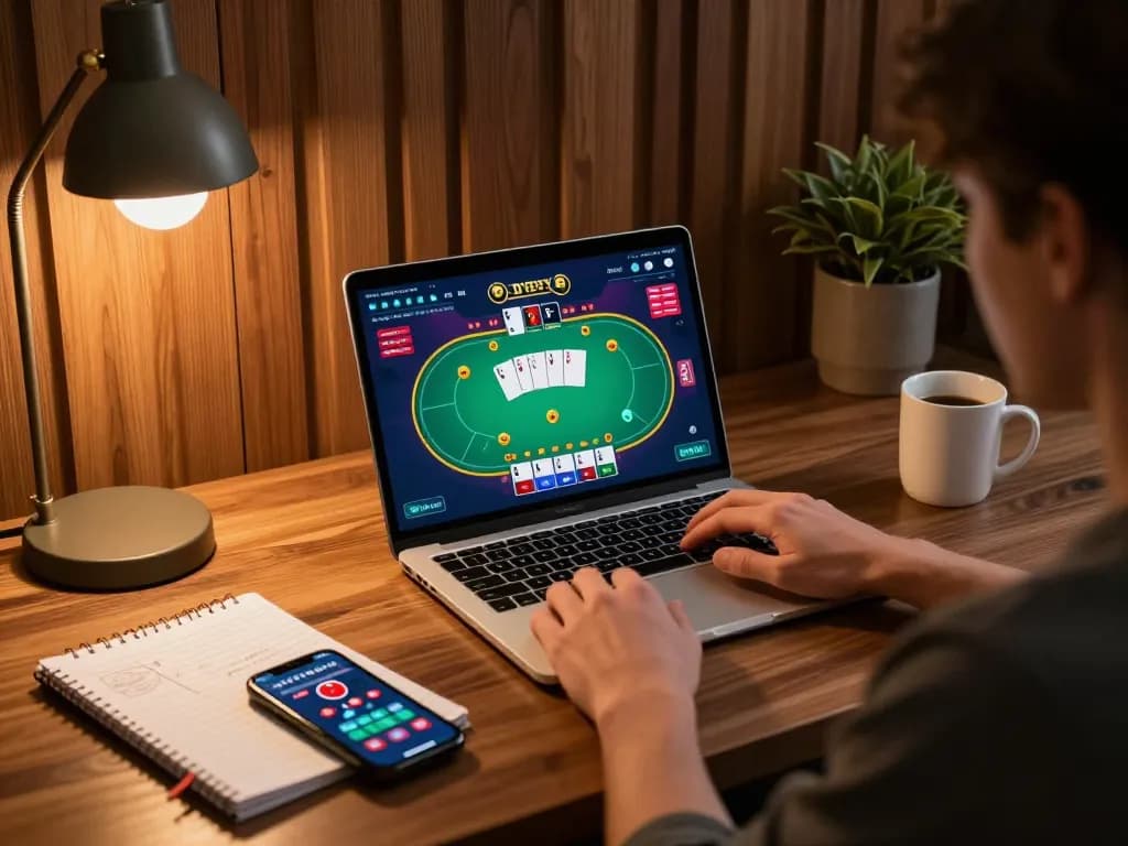 Engaged in poker gameplay, the person explores strategic options with 789WIN on a laptop.