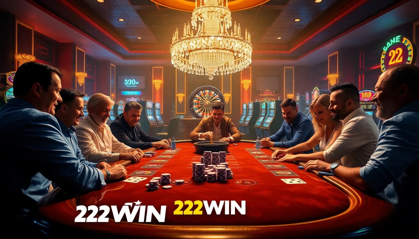 Players enjoying a thrilling high-stakes poker game at 32WIN Casino, with colorful chips and cards in hand.