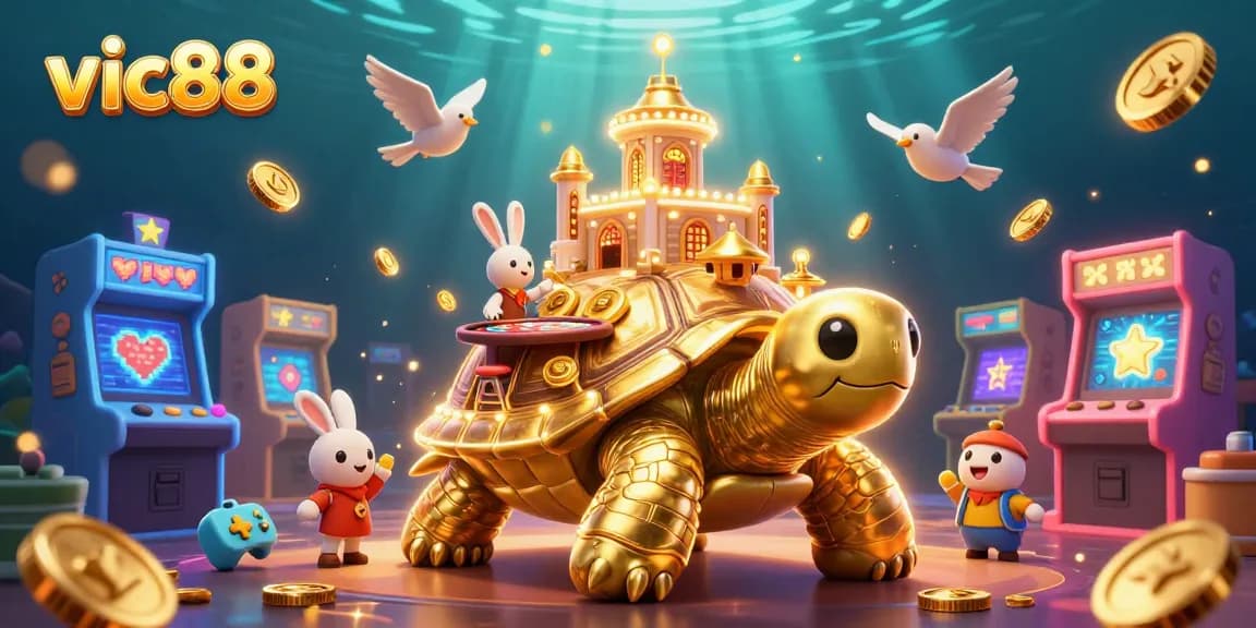 Join the thrilling action on vic88 with a giant tortoise casino and a rabbit dealer amidst a vibrant gaming scene.