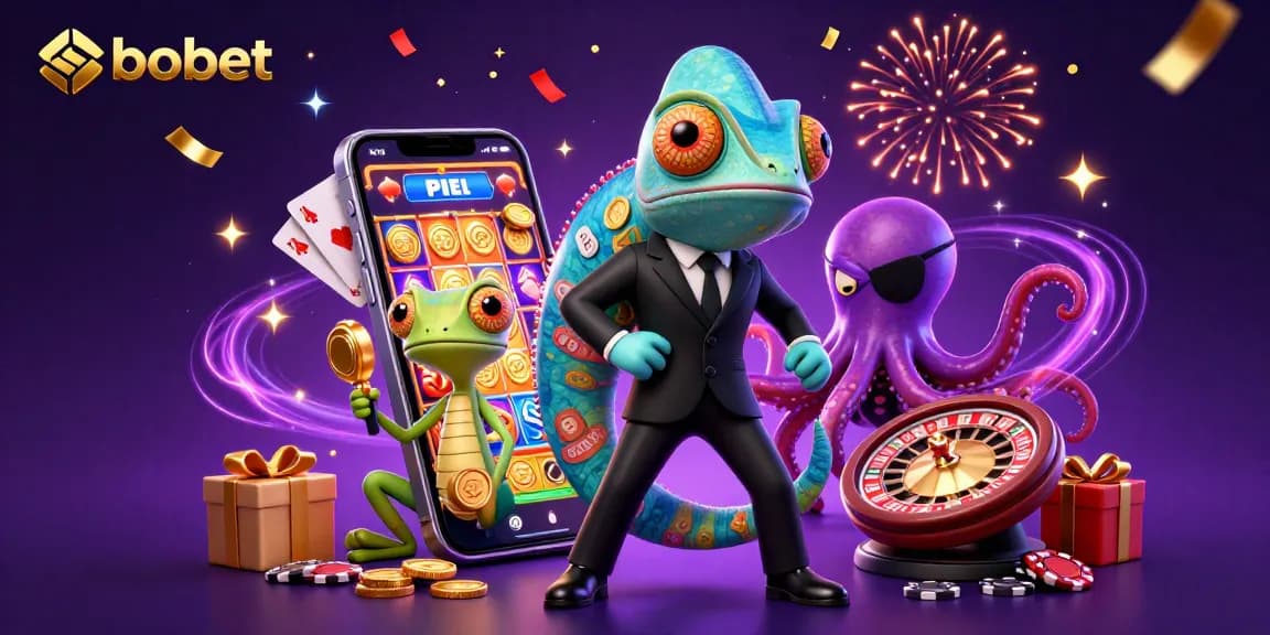 Sbobet engaging scene featuring colorful slots, festive chameleon, and tech gadgets, illustrating dynamic betting excitement.