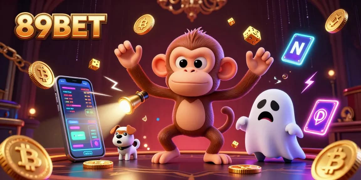 Engage with 89BET's thrilling gaming scene featuring a playful ghost and puppy in a haunted casino.