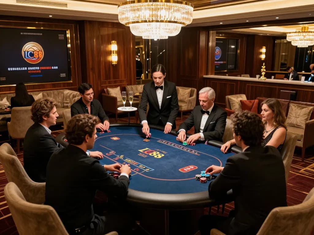 Players enjoying high-stakes poker in luxurious LC88 casino setting, showcasing strategic gameplay.