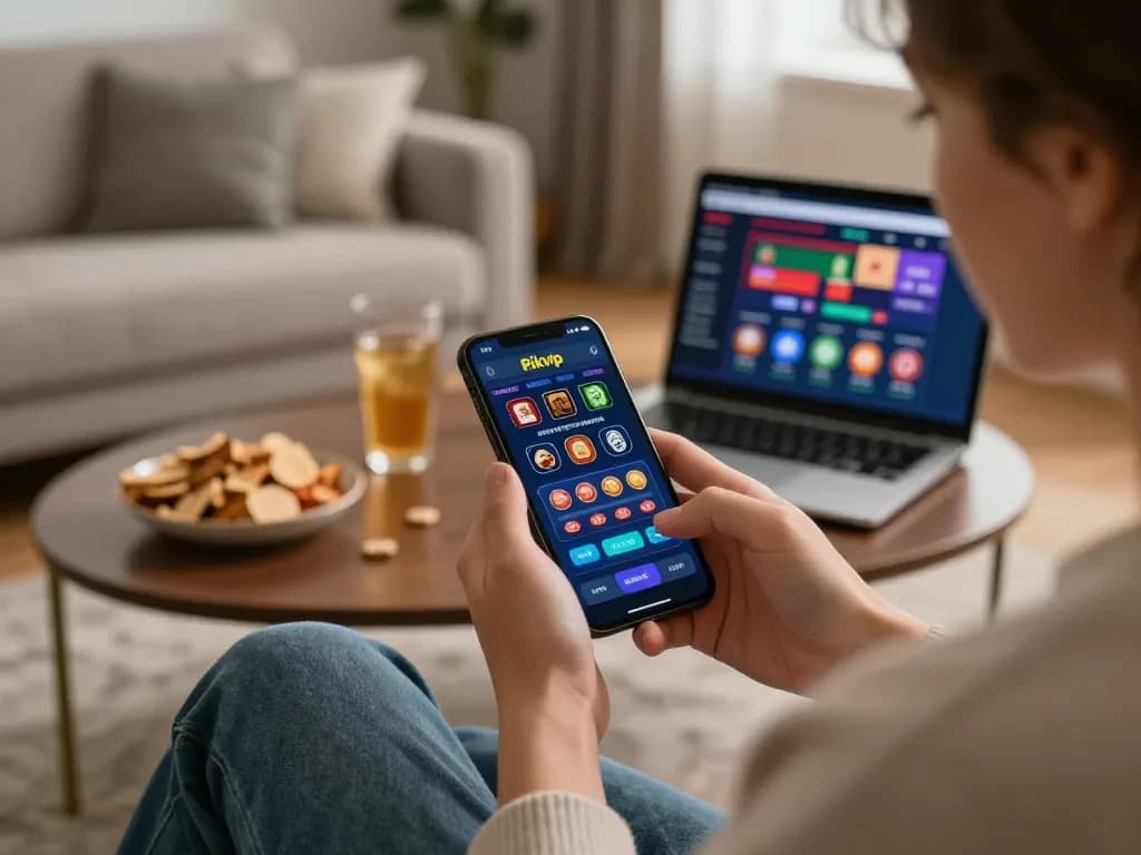 Player enjoying the rikvip mobile app on their smartphone in a cozy home setting