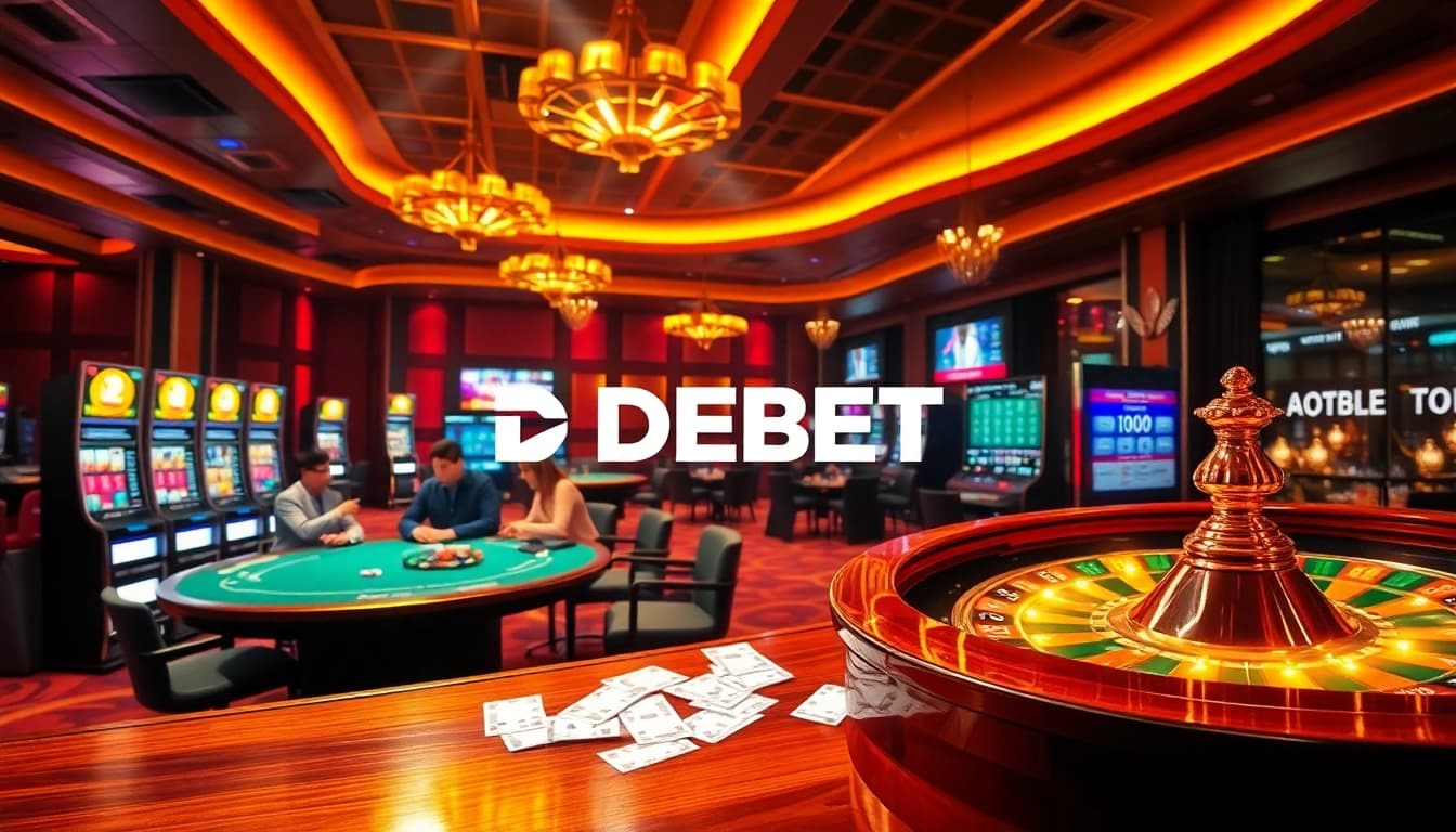 Experience high-stakes gambling with DEBET; a vibrant casino scene featuring poker and slot games.