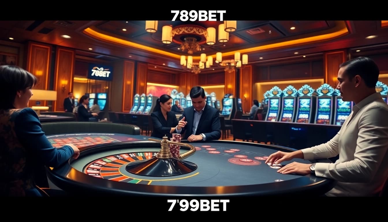 Exciting gaming atmosphere showcasing 789BET casino with roulette, poker, and luxury decor.