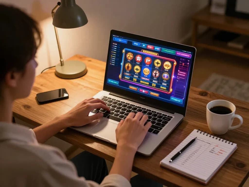 nk88 player enjoying online gaming experience with colorful slot machines on screen in cozy home setting