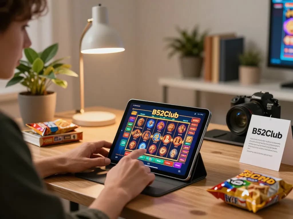 B52Club player engaging in online casino with tablet, showcasing dynamic game visuals in a cozy setting.