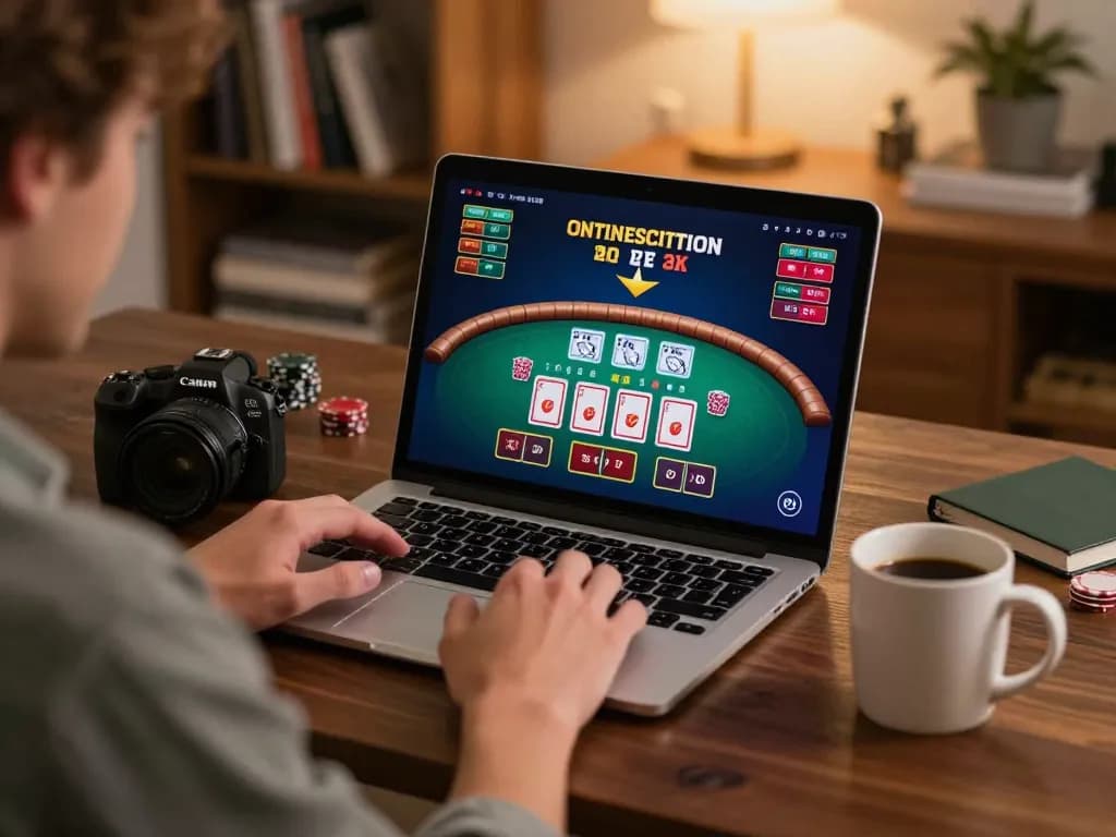 Player engaging in online blackjack at UG88, showcasing strategic gameplay in a cozy home setting