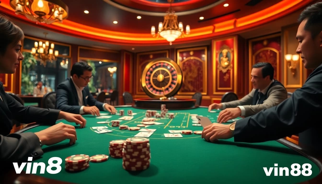 Experience thrilling poker action at vin88's upscale casino table with vibrant chips and cards.