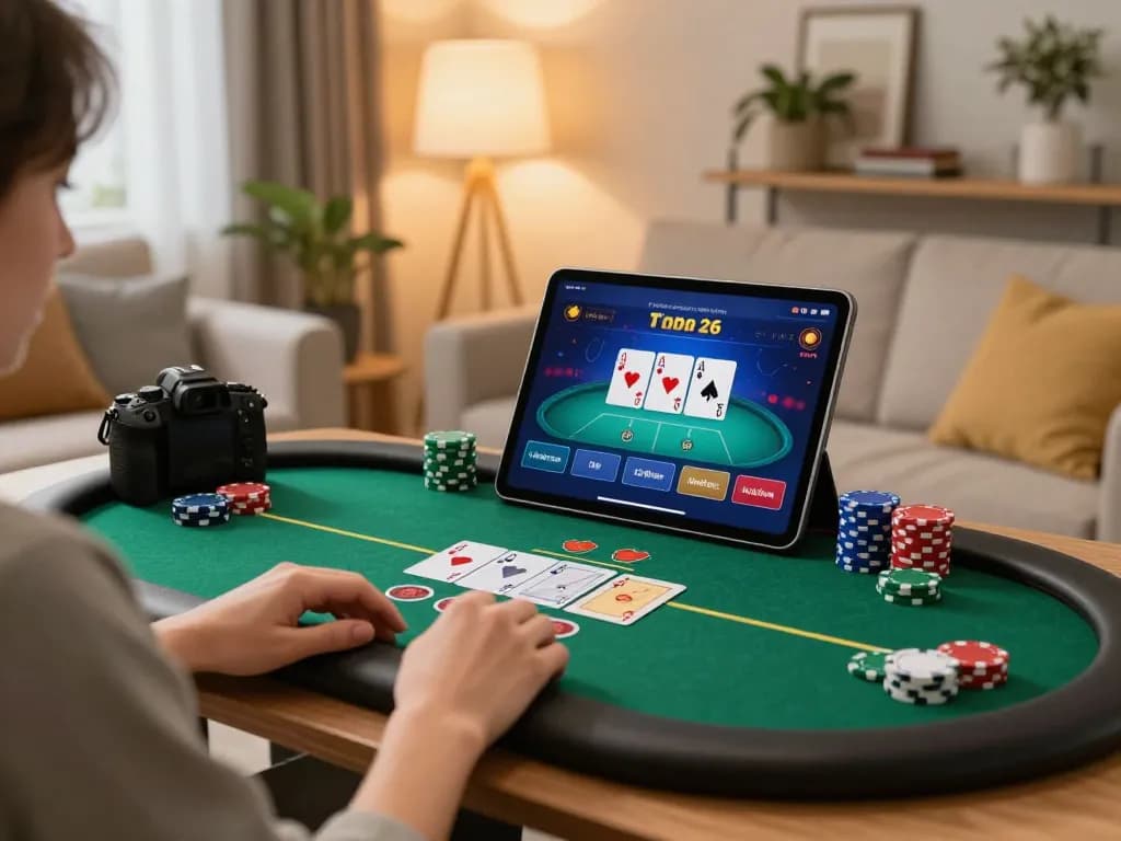 Player enjoying online casino games at home with O8 platform on tablet, showcasing a cozy gaming environment