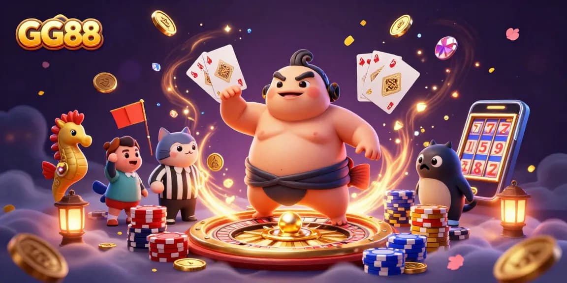 Experience the vibrant GG88 casino scene with a fugu blowfish in a sumo ring, coins and game elements surrounded by excitement.