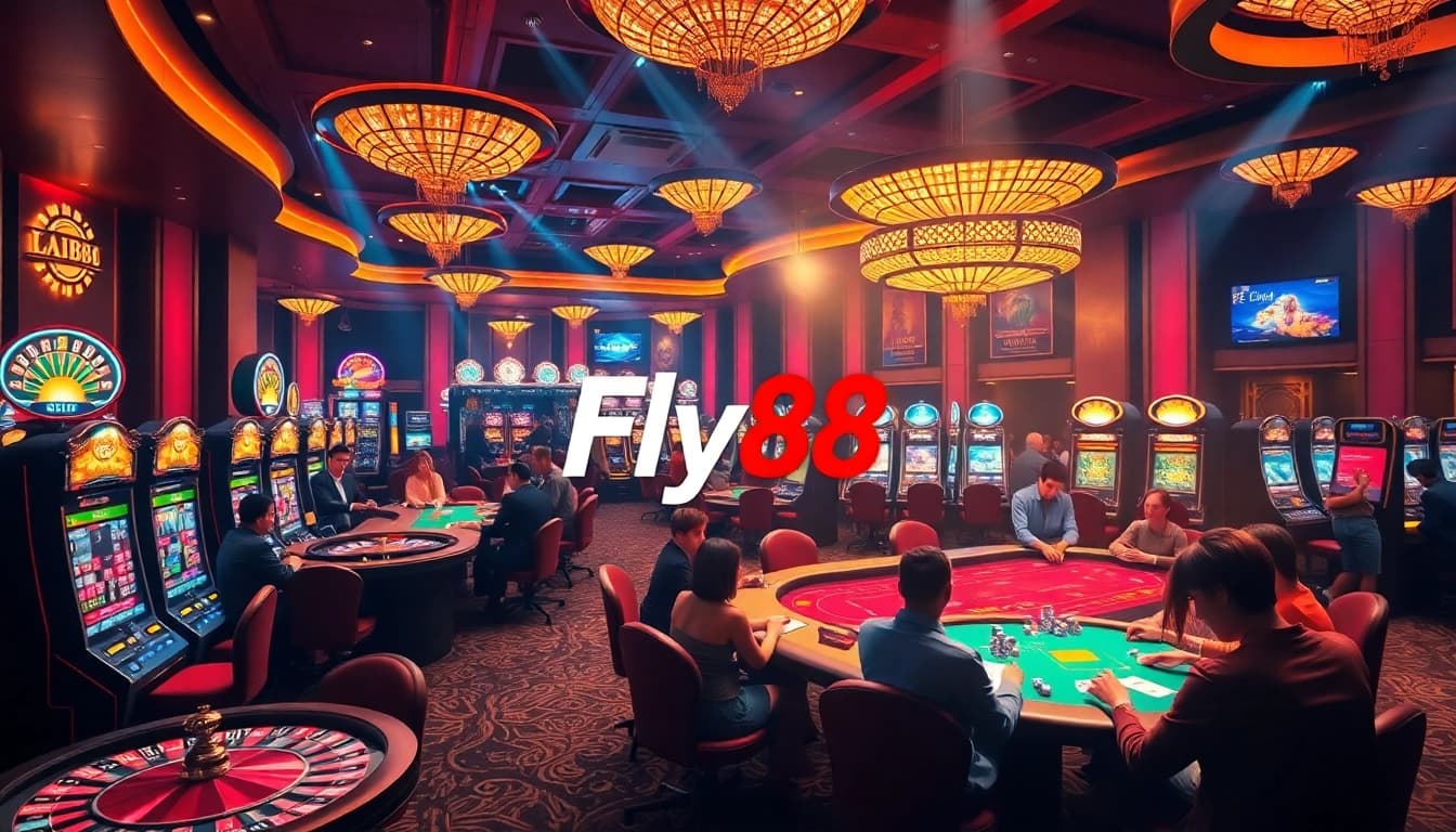 Experience thrilling high-stakes gambling at Fly88's luxurious casino floor with vibrant tables and excited players.