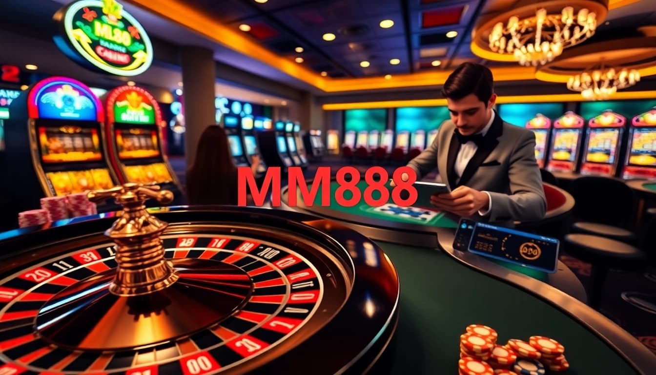 Experience the thrill of betting at MM88 with vibrant casino elements like roulette, slot machines, and poker.