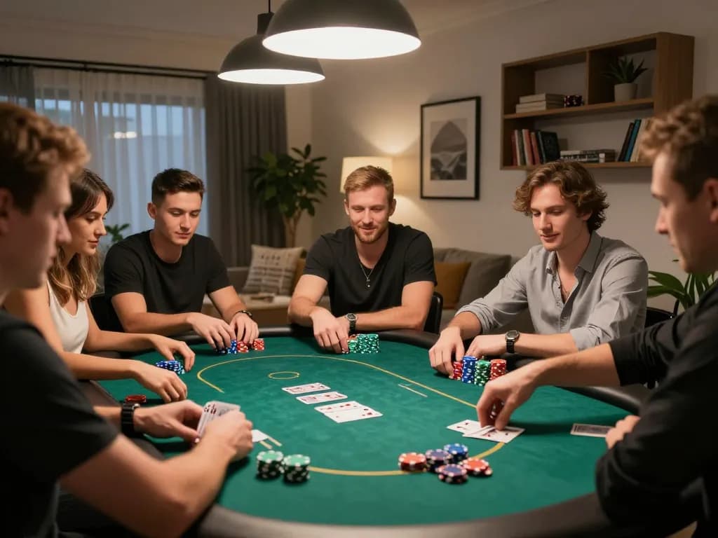 Engaged players at a KO66 poker game, showcasing strategy and excitement in a home casino setting.