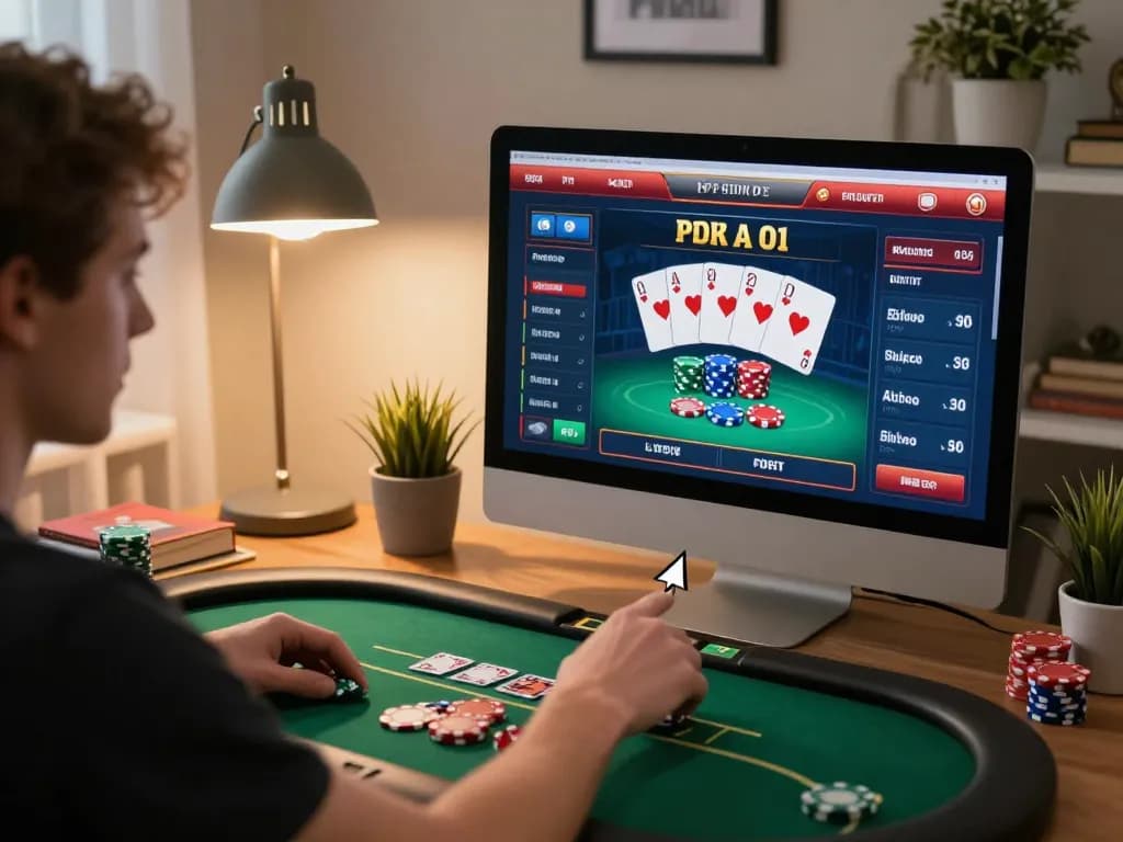 Player engaging in exciting online poker at 123bet, showcasing a cozy home gaming atmosphere.