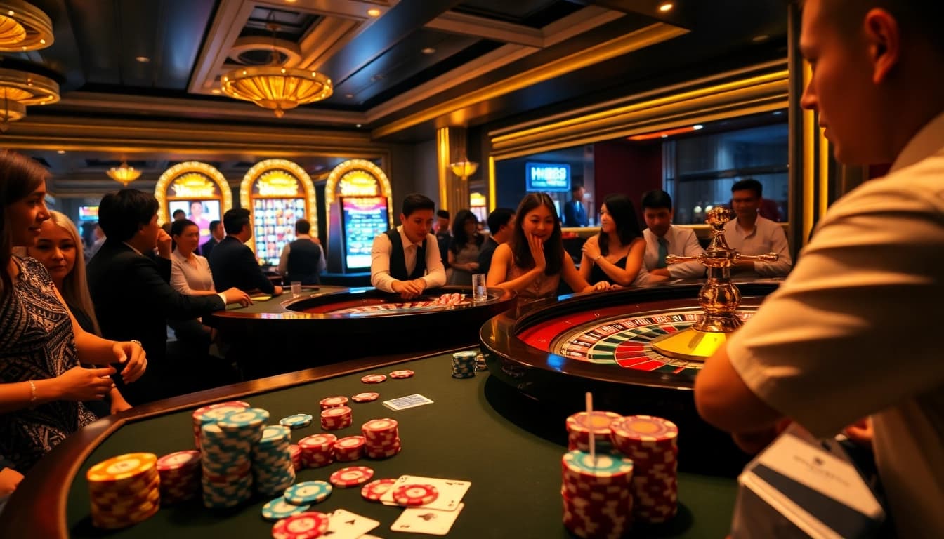 Players engaging at a vibrant casino table, experiencing the thrill of gambling with hm88 poker chips.
