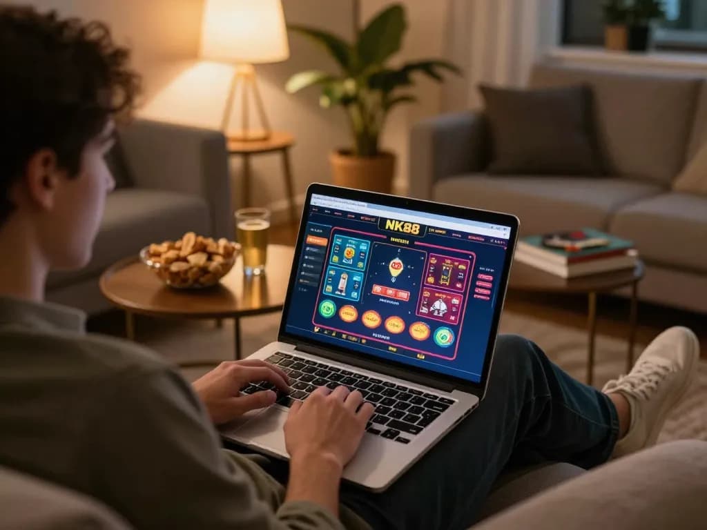Gamer engaging with the NK88 online casino platform on a laptop in a cozy home setting.