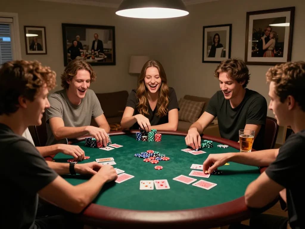 Poker night with friends enjoying a strategic game at home, showcasing vibrant atmosphere; play responsibly at https://go8.agency/.