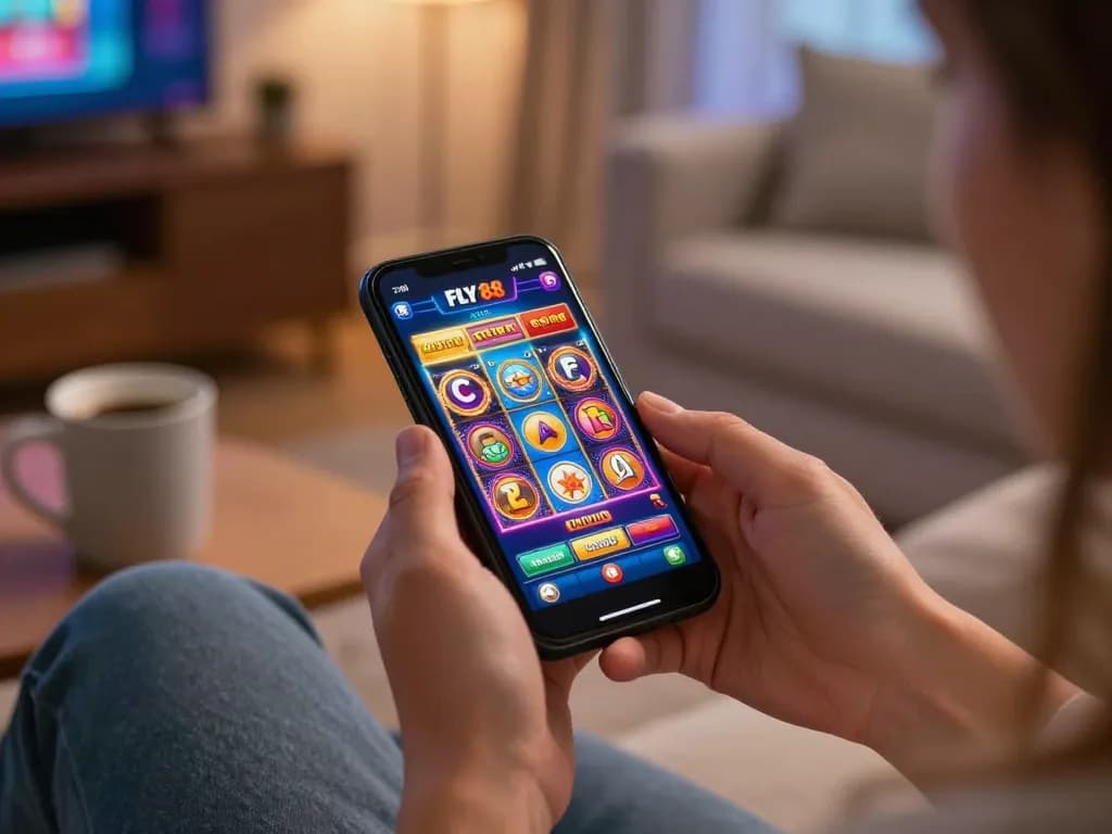 Engaging gameplay on the FLY 88 casino app reveals exciting slots on a smartphone in a cozy home setting.