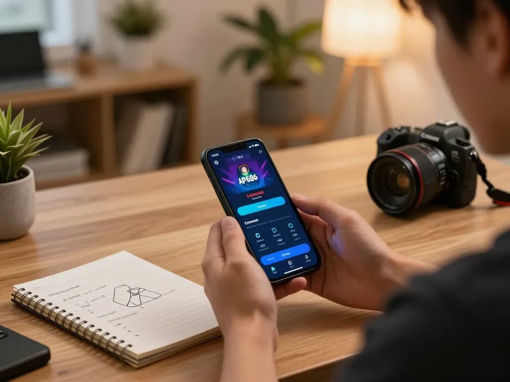 Pemain menggunakan aplikasi ap686 di smartphone dalam lingkungan rumah yang nyaman, menampilkan permainan yang bertanggung jawab.