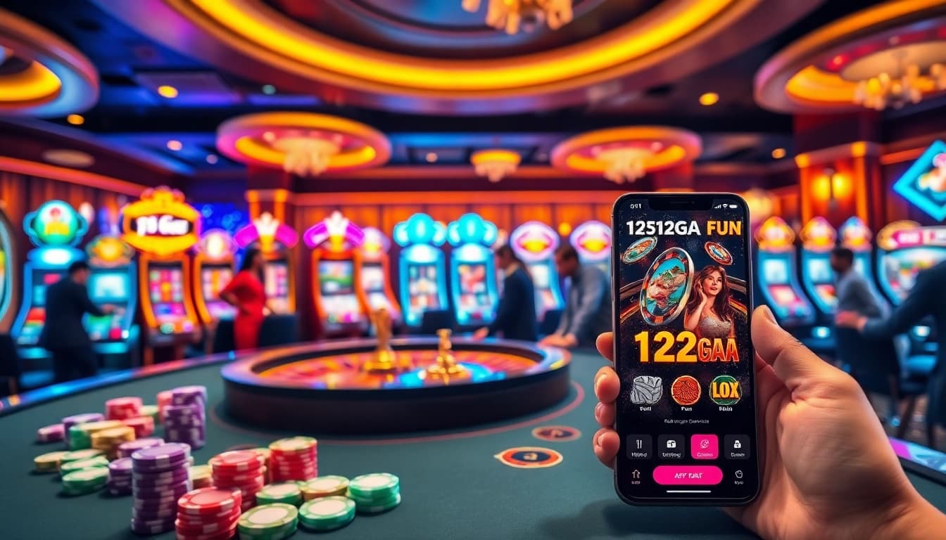 Experience the thrill of 123GA FUN at a lively casino table with vibrant poker chips and a roulette wheel.