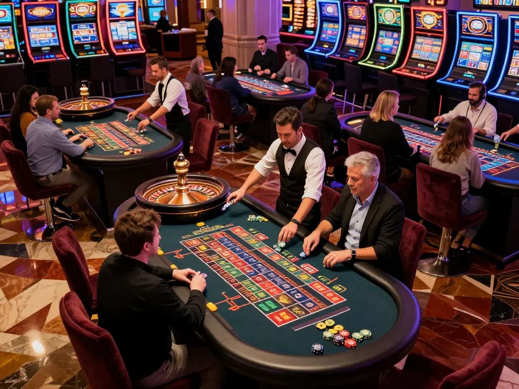 Experience the excitement at ALO8 with players at roulette tables during an action-packed gaming session.