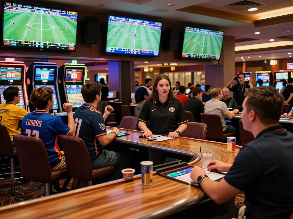 Catch the excitement of kết quả bóng đá live updates in a bustling casino sports betting area, fans cheering and placing bets