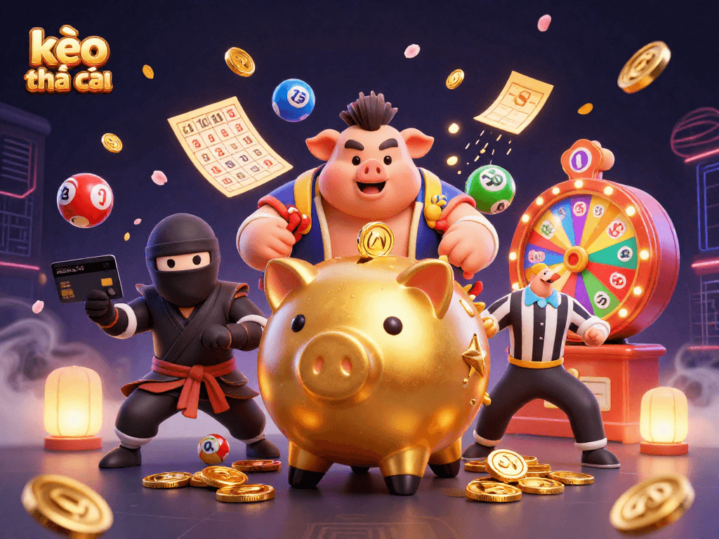 Engage with exciting kèo nhà cái action featuring a sumo wrestler, ninja, and samurai in a vibrant casino scene.