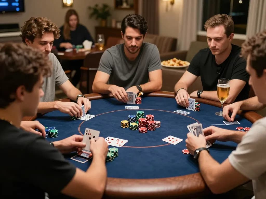 Friends enjoying an intense poker game at home, showcasing the iwin strategy for winning games.