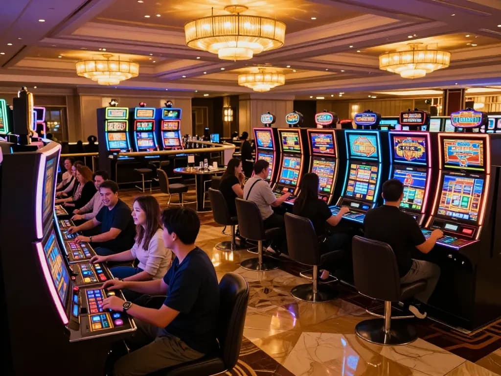 Players engaging with slot machines at urr88 casino, showcasing vibrant gaming atmosphere.