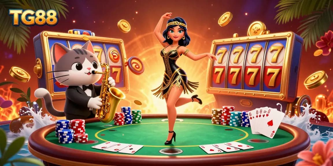 TG88 features a lively casino scene with a woman in a flapper dress, slot machines, and poker elements.