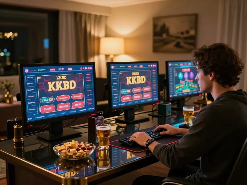 Engaging in thrilling online gaming with KKBD app on multiple screens in a cozy atmosphere.