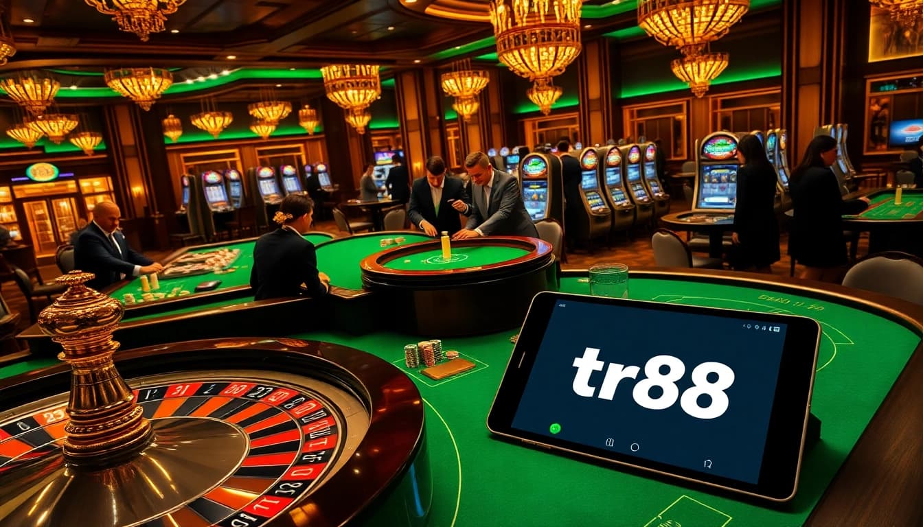 Gambling excitement at tr88 with players engaging in roulette and poker in a luxurious casino.