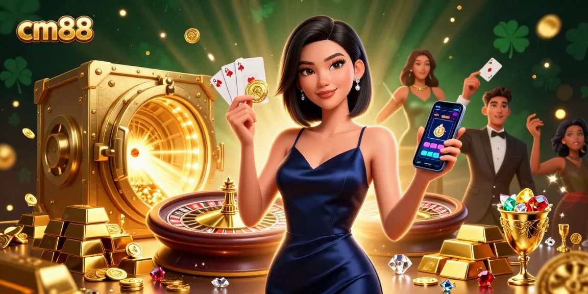 Win big at cm88 with our stunning casino illustration featuring a glamorous player in action.