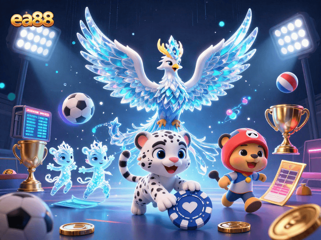 ea88 showcases a vibrant 3D casino scene featuring a mystical ice phoenix and engaging sports elements.