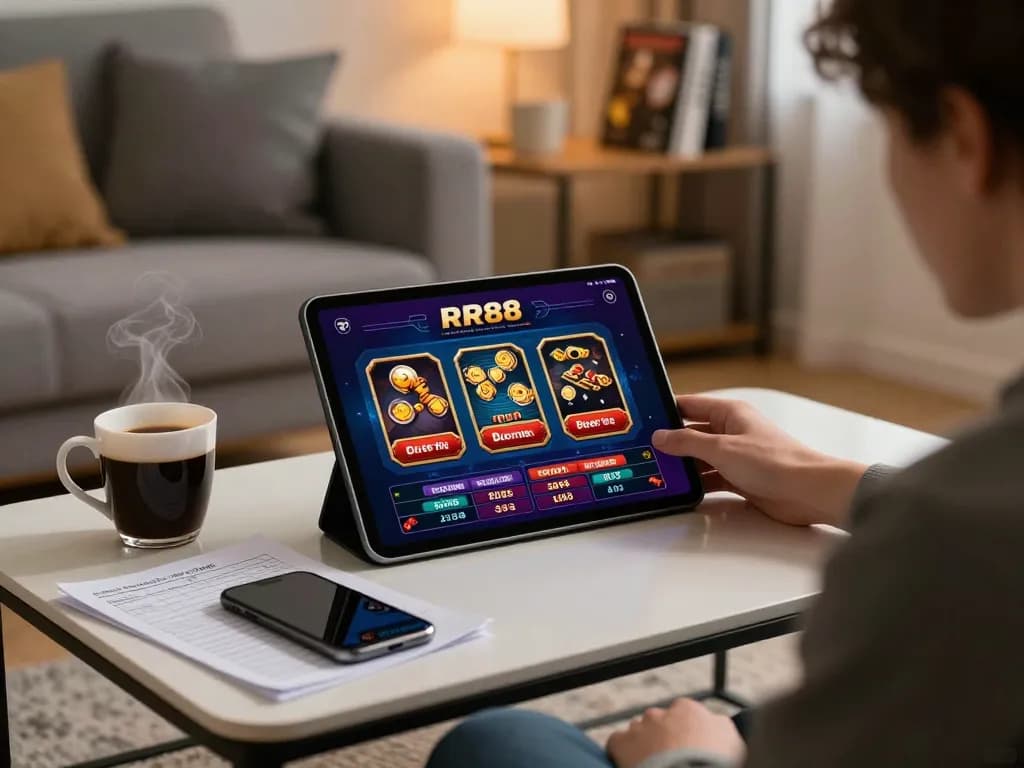 Person using RR88 casino app on a tablet in a cozy home setting, showcasing strategic gaming.