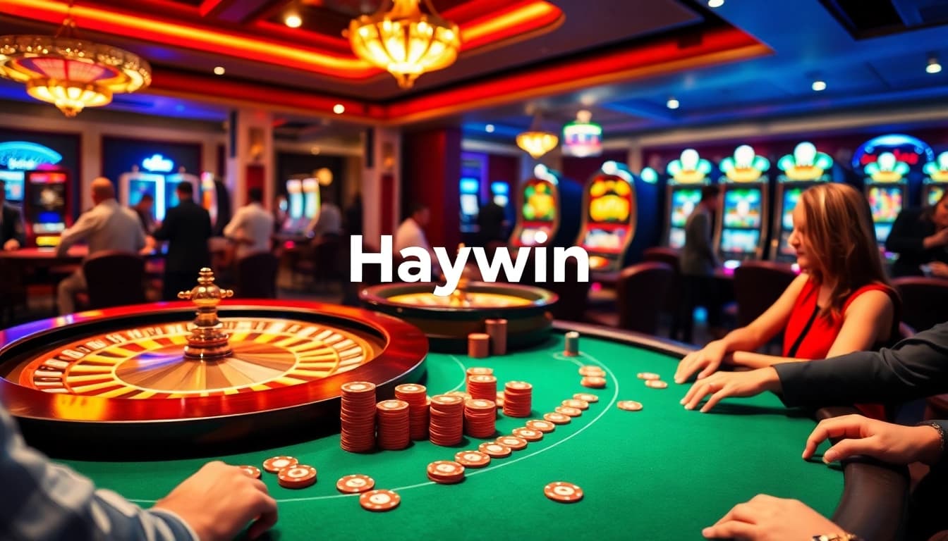 Players engaging with exciting casino games at Haywin, showcasing vibrant poker tables and slot machines.
