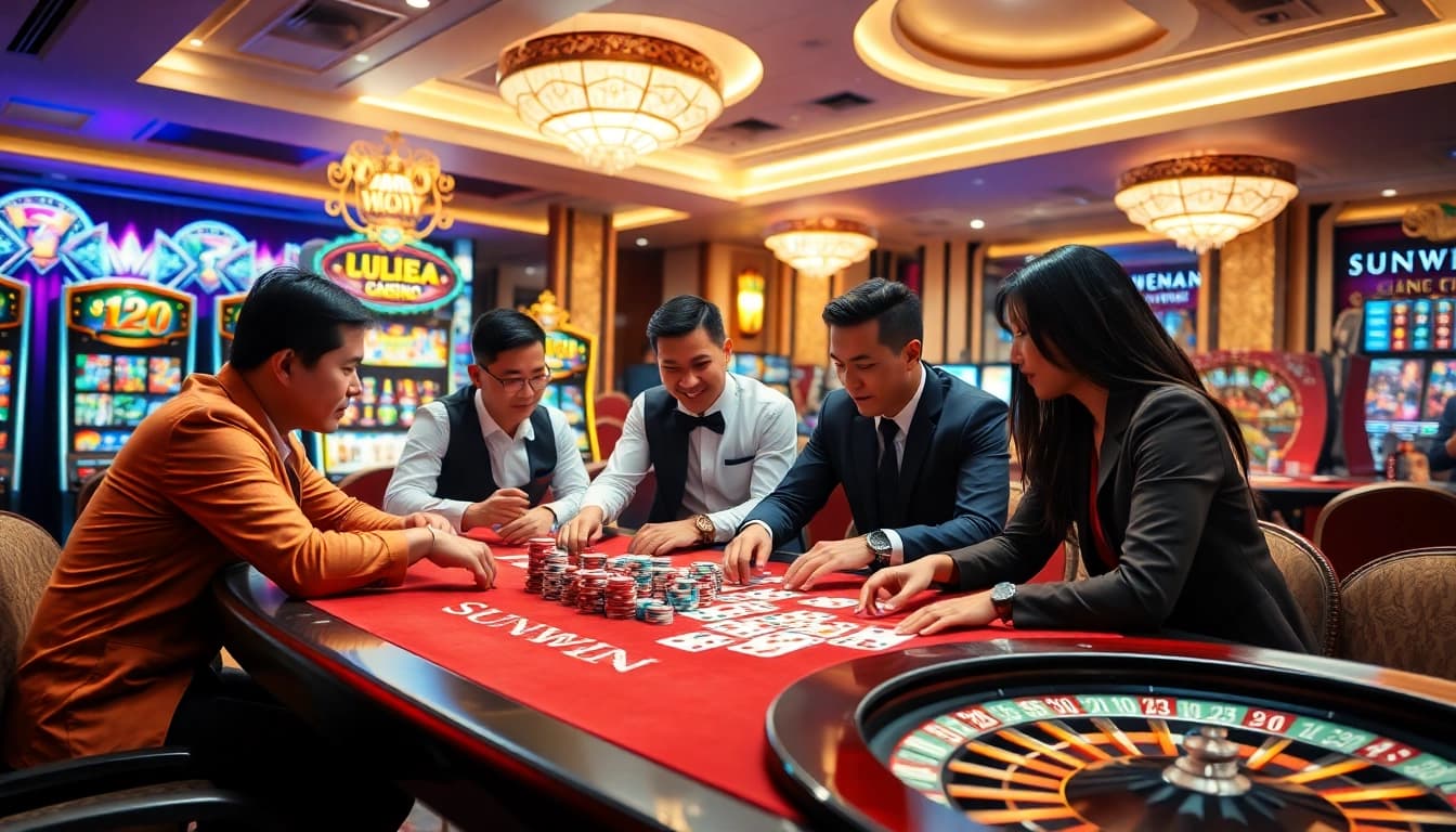 SUNWIN players enjoying an engaging poker game in a vibrant casino environment.