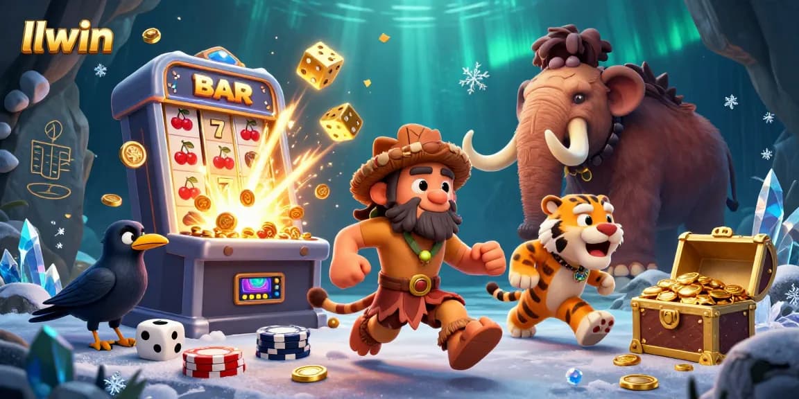 llwin immersive casino scene with caveman and sabertooth tiger featuring slot machine and golden coins